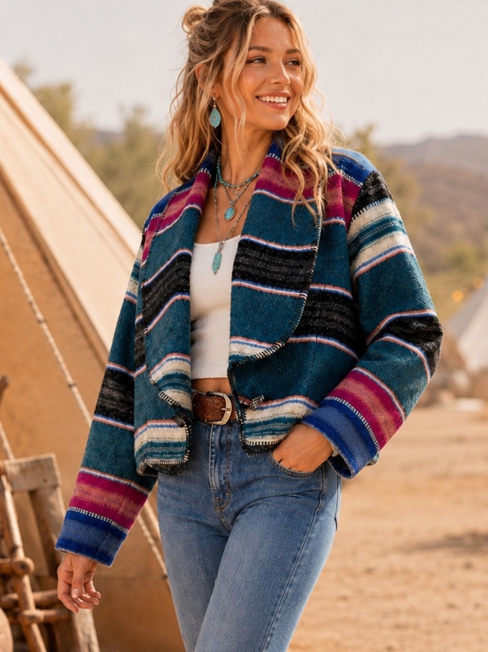 Vtg 80s Circle T Southwestern Blanket Cropped Jacket Teal Pink Serape Stripe